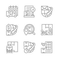 Worldwide shipping professional service linear icons set. Guaranteed on-time orders delivery. Cargo protection. Customizable thin line contour symbols. Isolated vector outline illustrations