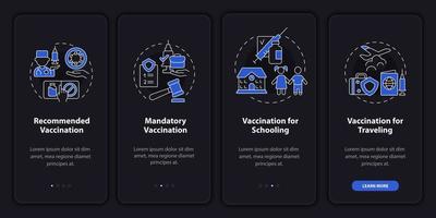 importancia de la vacunación en la pantalla de la página de la aplicación móvil. tutorial de recomendación 4 pasos instrucciones gráficas con conceptos. ui, ux, plantilla vectorial gui con ilustraciones lineales en modo nocturno vector