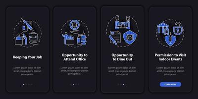 Covid vaccine rollout onboarding mobile app page screen. Permissions walkthrough 4 steps graphic instructions with concepts. UI, UX, GUI vector template with linear night mode illustrations