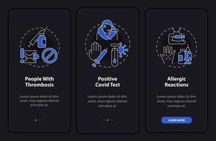 Vaccination exemptions onboarding mobile app page screen. Allergic reactions walkthrough 3 steps graphic instructions with concepts. UI, UX, GUI vector template with linear night mode illustrations