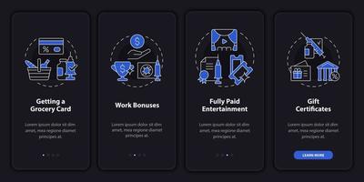 Encouraging vaccination onboarding mobile app page screen. Work bonuses walkthrough 4 steps graphic instructions with concepts. UI, UX, GUI vector template with linear night mode illustrations