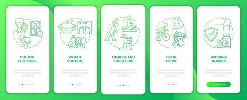 Risk of arthritis reduction green gradient onboarding mobile app page screen. Walkthrough 5 steps graphic instructions with concepts. UI, UX, GUI vector template with linear color illustrations