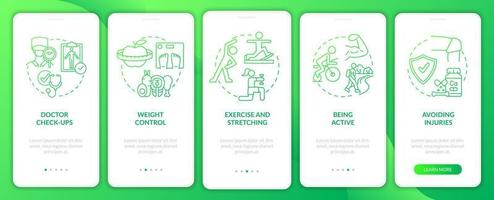 pantalla de la página de la aplicación móvil de incorporación de gradiente verde de reducción del riesgo de artritis. tutorial 5 pasos instrucciones gráficas con conceptos. ui, ux, plantilla vectorial gui con ilustraciones en color lineal vector