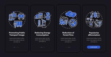 Iniciativas medioambientales que incorporan la pantalla de la página de la aplicación móvil. tutorial de consumo de energía instrucciones gráficas de 4 pasos con conceptos. ui, ux, plantilla vectorial gui con ilustraciones lineales en modo nocturno vector