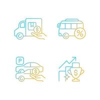 Corporate perks at work gradient linear vector icons set. Relocation assistance. Employee transportation. Parking spot. Thin line contour symbols bundle. Isolated outline illustrations collection