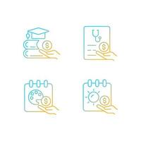 Workplace wellbeing benefits gradient linear vector icons set. Tuition reimbursement. Paid sick days. Sabbatical leave. Thin line contour symbols bundle. Isolated outline illustrations collection