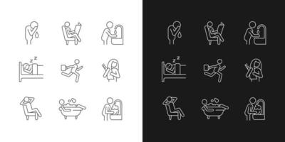 Daily living linear icons set for dark and light mode. Spending leisure time. Ordinary household chores. Customizable thin line symbols. Isolated vector outline illustrations. Editable stroke