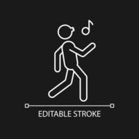 Whistle white linear icon for dark theme. Bad habit. Person walking merrily and whistling melody. Thin line customizable illustration. Isolated vector contour symbol for night mode. Editable stroke