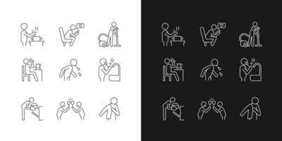 Day-to-day routine linear icons set for dark and light mode. Activities of daily living. Ordinal human life. Customizable thin line symbols. Isolated vector outline illustrations. Editable stroke