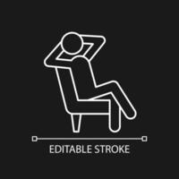 Relax white linear icon for dark theme. Man sitting in relaxed pose. Human taking break from work. Thin line customizable illustration. Isolated vector contour symbol for night mode. Editable stroke