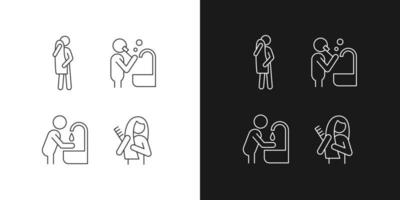 Day-to-day life linear icons set for dark and light mode. Habits for healthy living. Everyday hygiene procedures. Customizable thin line symbols. Isolated vector outline illustrations. Editable stroke