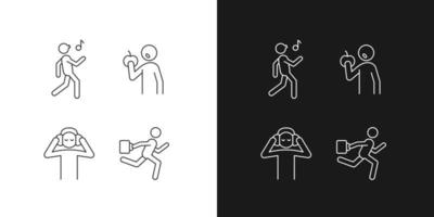 iconos lineales de actividades cotidianas establecidos para modo oscuro y claro. habitos de comer saludable. cantando karaoke. símbolos de línea fina personalizables. ilustraciones aisladas de contorno vectorial. trazo editable vector