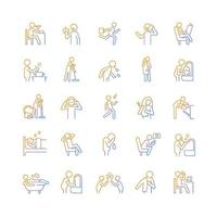 Human behaviour gradient linear vector icons set. Activities of daily living. Household duties. Day-to-day routine. Thin line contour symbols bundle. Isolated outline illustrations collection