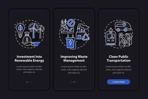 evitar el cambio climático incorporando la pantalla de la página de la aplicación móvil. Tutorial de transporte limpio Instrucciones gráficas de 3 pasos con conceptos. ui, ux, plantilla vectorial gui con ilustraciones lineales en modo nocturno vector