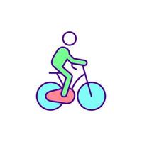 Riding bike in city RGB color icon. Bicycle friendly community. Improving urban air quality. Encouraging people to bike. Active transportation. Isolated vector illustration. Simple filled line drawing