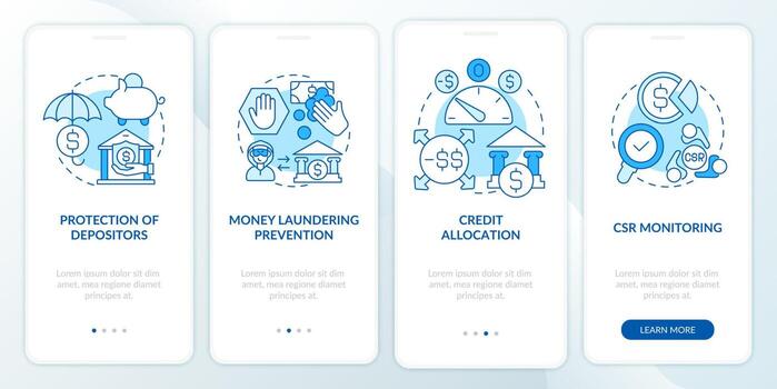 Bank regulation system onboarding mobile app page screen. Credit allocation walkthrough 4 steps graphic instructions with concepts. UI, UX, GUI vector template with linear color illustrations