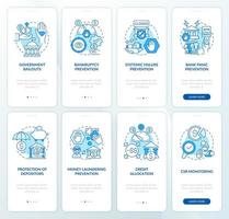 Bank supervision onboarding mobile app page screen set. Crisis prevention walkthrough 8 steps graphic instructions with concepts. UI, UX, GUI vector template with linear color illustrations