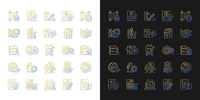 School subjects gradient icons set for dark and light mode. Humanities and applied sciences. Thin line contour symbols bundle. Isolated vector outline illustrations collection on black and white
