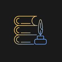 Literature gradient vector icon for dark theme. Writing, reading books. Pile of books, quill, ink pot. Thin line color symbol. Modern style pictogram. Vector isolated outline drawing