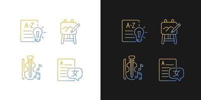 Variety of subjects in school gradient icons set for dark and light mode. Art classes. Thin line contour symbols bundle. Isolated vector outline illustrations collection on black and white