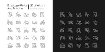 Employee perks and bonuses linear icons set for dark and light mode. Workplace benefits. Special payment. Customizable thin line symbols. Isolated vector outline illustrations. Editable stroke