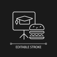 Lunch and learns white linear icon for dark theme. Training event. Break during workday. Thin line customizable illustration. Isolated vector contour symbol for night mode. Editable stroke