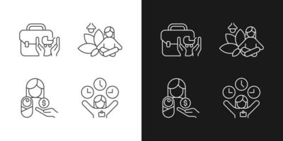 iconos lineales de incentivos para empleados establecidos para modo oscuro y claro. asistencia para el cuidado de niños. espacio meditativo en el trabajo. símbolos de línea fina personalizables. ilustraciones aisladas de contorno vectorial. trazo editable vector