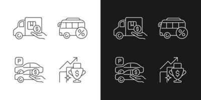 Corporate perks at work linear icons set for dark and light mode. Relocation assistance. Employee transportation. Customizable thin line symbols. Isolated vector outline illustrations. Editable stroke