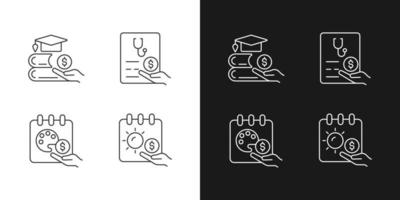 Workplace wellbeing benefits linear icons set for dark and light mode. Tuition reimbursement. Sabbatical leave. Customizable thin line symbols. Isolated vector outline illustrations. Editable stroke