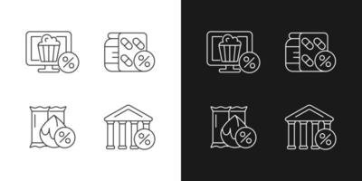 Employee discount scheme linear icons set for dark and light mode. Online cinema subscription. Reduced drug cost. Customizable thin line symbols. Isolated vector outline illustrations. Editable stroke