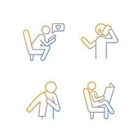 Everyday life gradient linear vector icons set. Making call. Conversation on social media platform. Reading newspaper. Thin line contour symbols bundle. Isolated outline illustrations collection