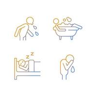 Human actions gradient linear vector icons set. Crying man. Sleeping in bed. Lying in bubble bath. Day-to-day life. Thin line contour symbols bundle. Isolated outline illustrations collection