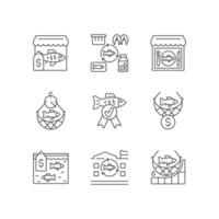 Commercial fishery linear icons set. Seafood restaurant and market. Processing factory. Fish industry. Customizable thin line contour symbols. Isolated vector outline illustrations. Editable stroke