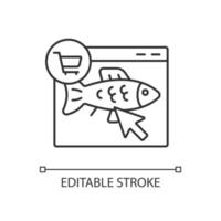 Online fish order linear icon. Purchase fresh seafood products on internet. Wide products range. Thin line customizable illustration. Contour symbol. Vector isolated outline drawing. Editable stroke