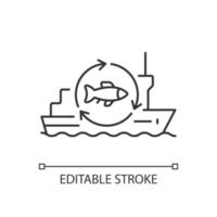 Fish processing vessel linear icon. Large factory ship. Commercial fishery. Fish freezing. Thin line customizable illustration. Contour symbol. Vector isolated outline drawing. Editable stroke