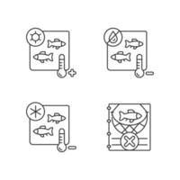 Fish products sterilization linear icons set. Heating treatment and freeze drying. Commercial processing. Customizable thin line contour symbols. Isolated vector outline illustrations. Editable stroke