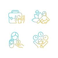 conjunto de iconos de vector lineal de gradiente de incentivos para empleados. asistencia para el cuidado de niños. espacio meditativo en el trabajo. horario flexible. paquete de símbolos de contorno de línea delgada. colección de ilustraciones de contorno aislado