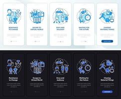 Happiness obstacles light and dark onboarding mobile app page screen. Walkthrough 5 steps graphic instructions with concepts. UI, UX, GUI vector template with linear night and day mode illustrations