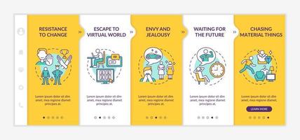 Barriers to happiness mindset onboarding vector template. Responsive mobile website with icons. Web page walkthrough 5 step screens. Negative thinking color concept with linear illustrations