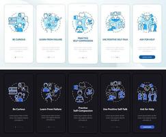 Happiness mind strategy light, dark onboarding mobile app page screen. Walkthrough 5 steps graphic instructions with concepts. UI, UX, GUI vector template with linear night and day mode illustrations