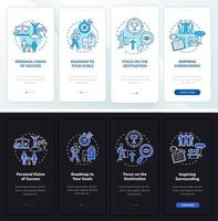 Happiness mind component light, dark onboarding mobile app page screen. Walkthrough 4 steps graphic instructions with concepts. UI, UX, GUI vector template with linear night and day mode illustrations