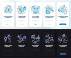 pantalla de la página de la aplicación móvil de incorporación de tipos de corrupción. Tutorial de lucha contra el soborno 5 pasos instrucciones gráficas con conceptos. ui, ux, plantilla vectorial gui con ilustraciones lineales en modo día y noche vector