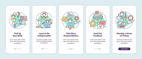 Career advancement process onboarding mobile app page screen. Success walkthrough 5 steps graphic instructions with concepts. UI, UX, GUI vector template with linear color illustrations