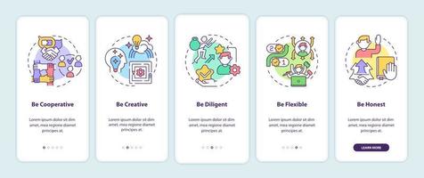 Personality traits for career advancement onboarding mobile app page screen. Success walkthrough 5 steps graphic instructions with concepts. UI, UX, GUI vector template with linear color illustrations