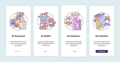 Personal traits for career advancement onboarding mobile app page screen. Success walkthrough 4 steps graphic instructions with concepts. UI, UX, GUI vector template with linear color illustrations