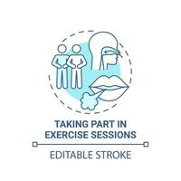 Taking part in excercise sessions blue concept icon. Pulmonary rehabilitation abstract idea thin line illustration. Breathing exercises. Vector isolated outline color drawing. Editable stroke