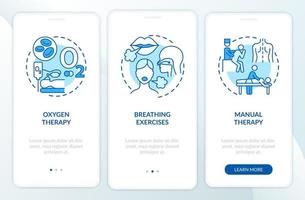 Respiratory rehabilitation blue onboarding mobile app page screen. Recovery therapy walkthrough 3 steps graphic instructions with concepts. UI, UX, GUI vector template with linear color illustrations