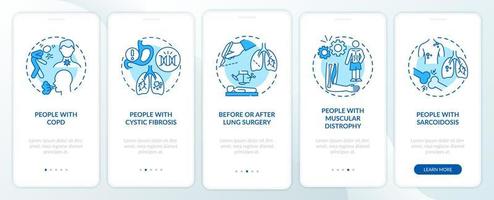 Who needs pulmonary rehabilitation blue onboarding mobile app page screen. Walkthrough 5 steps graphic instructions with concepts. UI, UX, GUI vector template with linear color illustrations