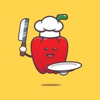 cute red paprika with chef hat holding knife and plate vector