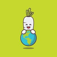 cute white radish cartoon character hugging earth vector